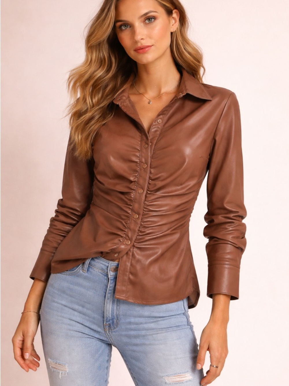 RD Style Brown Faux-Leather Ruched Button-Down Shirt